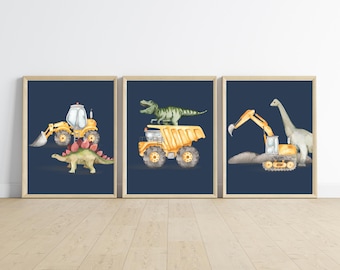 Dinosaurs and Construction trucks bedroom wall decor, navy background, T-Rex, dump truck, excavator, bulldozer, digital download, printable