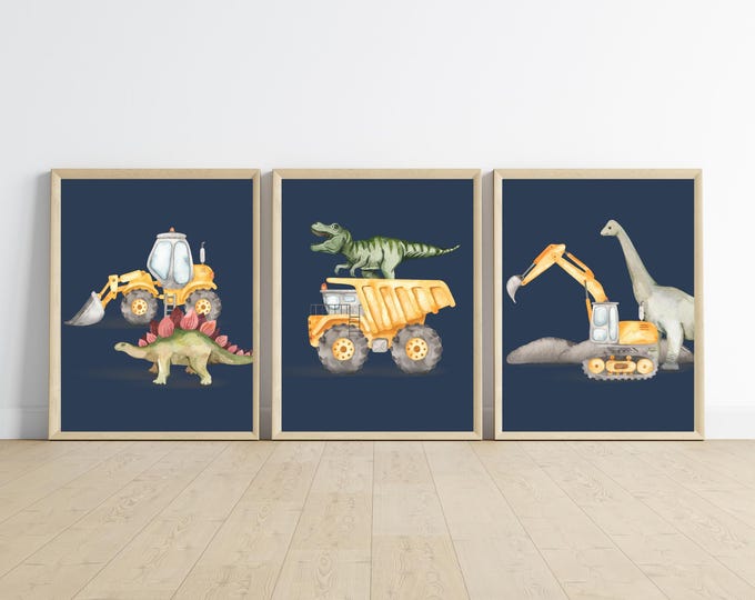 Dinosaurs and Construction trucks bedroom wall decor, navy background, T-Rex, dump truck, excavator, bulldozer, digital download, printable