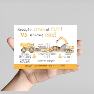 Loads of fun turning ONE construction truck 1st Birthday Invitation, celebrate the birthday boy, dump truck, excavator, bulldozer, dirt