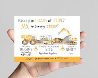 Loads of fun turning ONE construction truck 1st Birthday Invitation, celebrate the birthday boy, dump truck, excavator, bulldozer, dirt