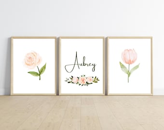Pink Floral Nursery Decor, Personalized Name Art Print (Digital Download)