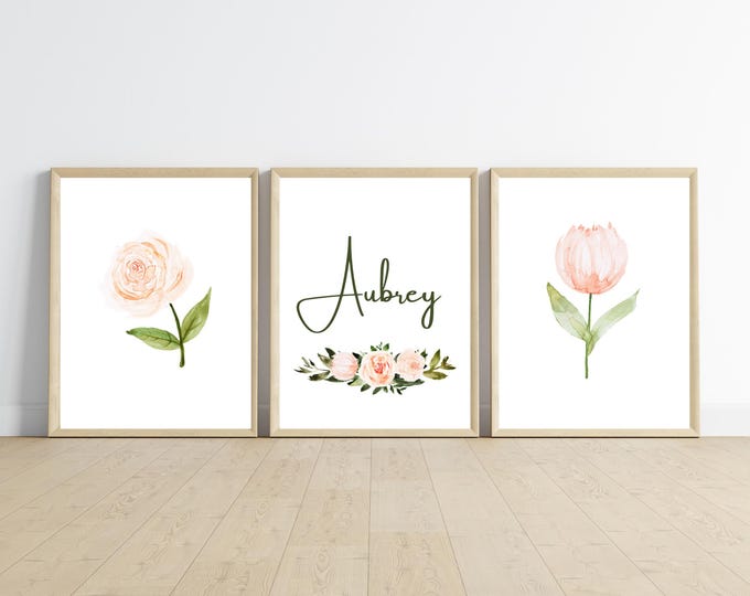Pink floral nursery wall art decor, baby girl room, light pink floral, pale pink floral, name art, minimalist, digital download,customizable