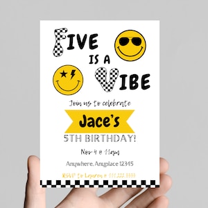 FIVE is a VIBE boy 5th birthday party invitation, black and white, smiley face, sunglasses, edit and printable, digital