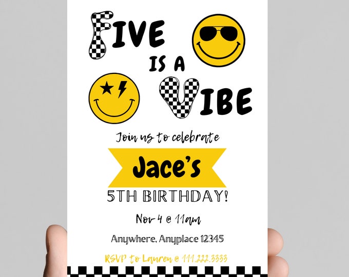 FIVE is a VIBE boy 5th birthday party invitation, black and white, smiley face, sunglasses, edit and printable, digital
