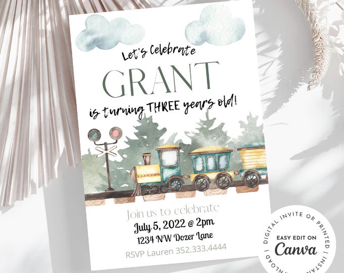 Train theme birthday invitation, train birthday party, railroad, railway, choo choo, trains, tracks, forest, birthday boy,, watercolor train