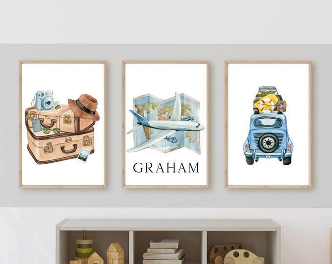 Adventure awaits, airplane vintage world travel boy room decor, adventure travel wall art, vintage map, 11x14, set of 3 digital downloads