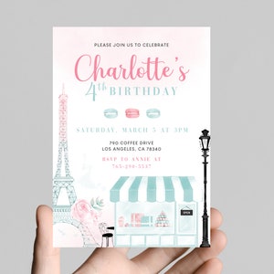 Parisian Eiffel Tower, Paris cafe themed, girl 4th birthday invitation, edit to any age, macaroons, girl birthday party, digital,printable
