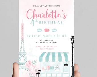 Parisian Eiffel Tower, Paris cafe themed, girl 4th birthday invitation, edit to any age, macaroons, girl birthday party, digital,printable