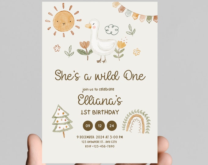 Wild one boho girl first birthday invitation, boho, chic, trendy, golden sun, editable, printable