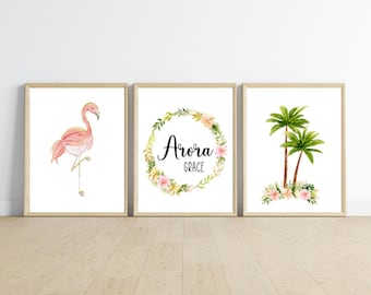 Flamingo Kinderzimmer Kunstdruck, Tropische Palme, Baumschmuck (3er Set) (Digitaler Download)
