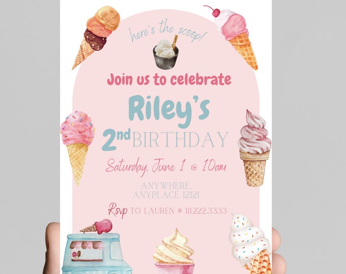 TWO sweet! 2nd birthday ice cream cone and sweets themed birthday party invitation for little girl, sprinkles