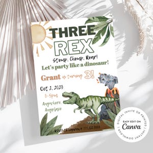 THREE REX! Stop Chomp Roar! Party like a dinosaur 3rd birthday party invitation, T-rex boy birthday, 5x7 printable or digital download,