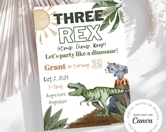 THREE REX! Stop Chomp Roar! Party like a dinosaur 3rd birthday party invitation, T-rex boy birthday, 5x7 printable or digital download,