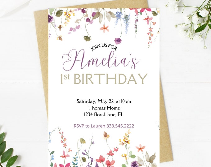 first birthday girl invitation, wildflower, floral, minimalist, beautiful, first birthday party invitation, wildflower field