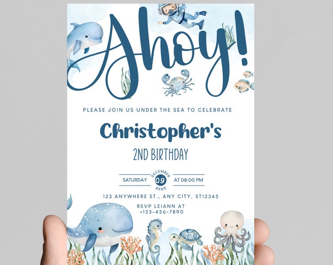 Under the sea theme boy birthday party invitation, blue ocean animals, splish splash, edit to any age, deep sea, ocean
