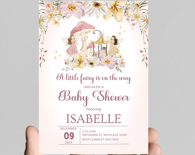 Fairy theme girl baby shower invitation, whimsicle, pink and gold glitter, come celebrate mom to be