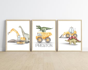 Dinosaurs and Construction trucks room decor, wall art, T-Rex, dump truck, excavator, bulldozer, 11x14, Dinos, digital download, printable