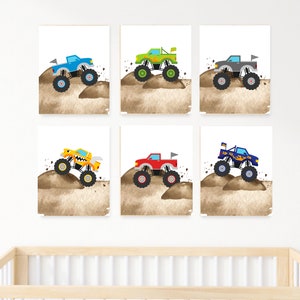 colorful watercolor monster trucks boy room or nursery decor, play room wall art, 11x14, set of 6 prints included, frame not included