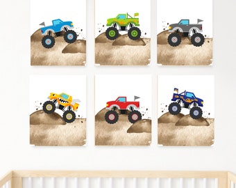 colorful watercolor monster trucks boy room or nursery decor, play room wall art, 11x14, set of 6 prints included, frame not included
