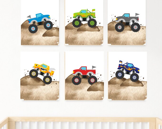 colorful watercolor monster trucks boy room or nursery decor, play room wall art, 11x14, set of 6 prints included, frame not included