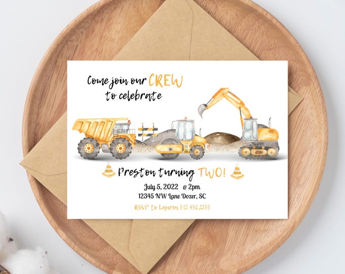 Construction theme Birthday Invitation, join our crew to celebrate the birthday boy, dump truck, excavator, bulldozer, dirt, trucks