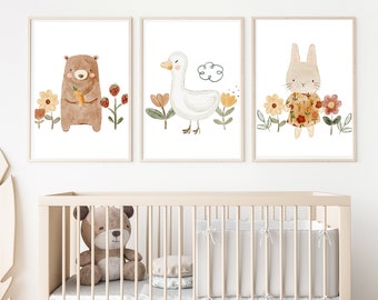 Boho Nursery Animal Prints, Baby Girl Room Decor (Set of 3, Digital Download)