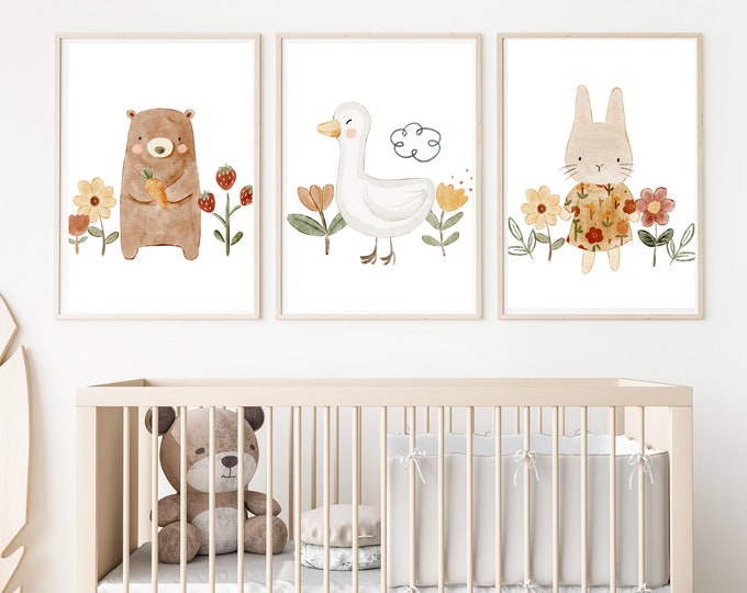 boho animal and floral nursery wall art decor, boho, baby bunny, bear, duck, baby girl nursery room,11x14, set of 3 digital prints included.