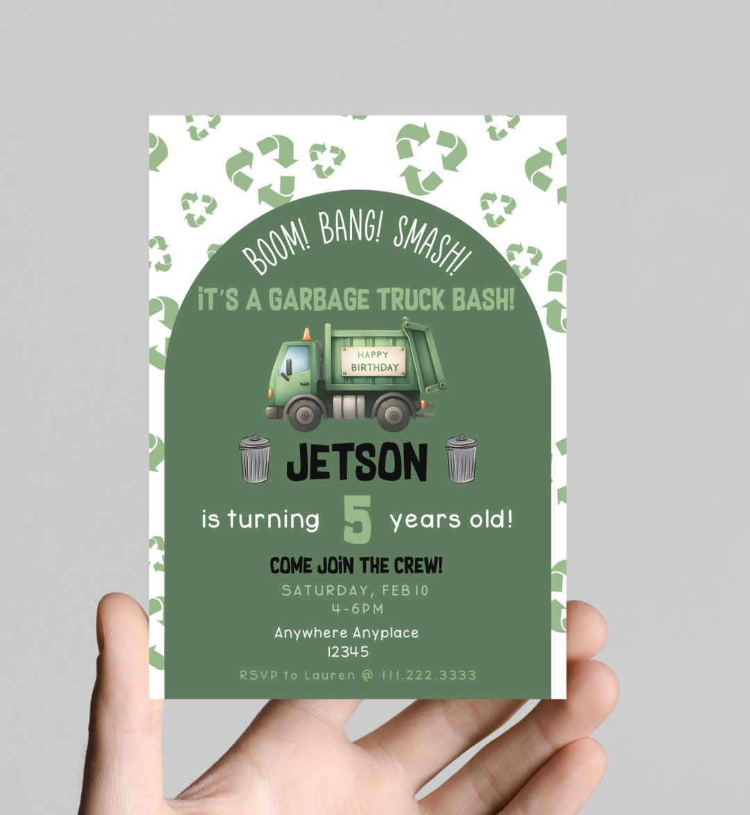 Boom, Bang, Crash, Garbage Truck Theme Birthday Invitation, Rubbage