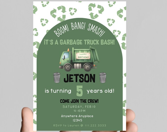 Boom, bang, crash, Garbage truck theme birthday Invitation, rubbage truck, recycle truck, celebrate the birthday boy! Editable, printable