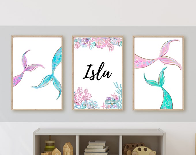 Mermaid girl’s bedroom wall art or playroom wall decor, sparkles, mermaid tails, name art, under the sea, printable, digital