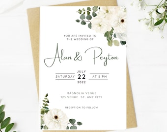 Wedding invitation, Eucalyptus, Wedding, greenery, white floral, printable, editable, instant download template, e-card, Bridal