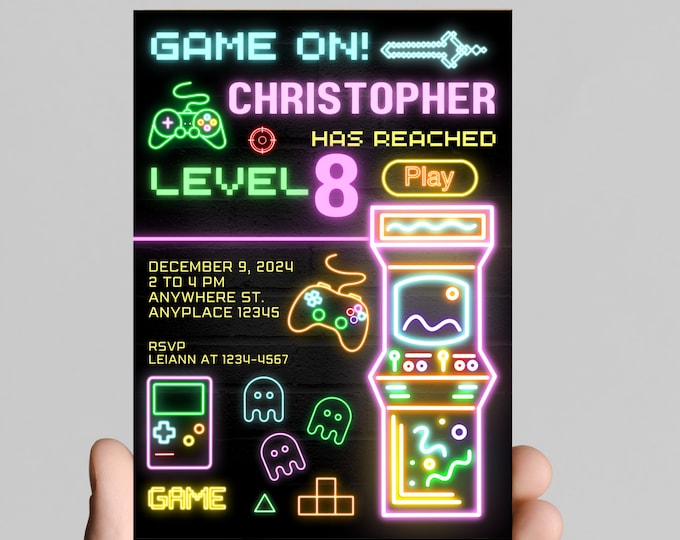 Gamer gaming birthday party invitation, neon lights, editable, printable, digital