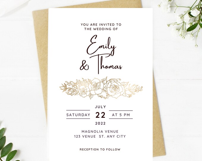Beautiful Wedding invitation, gold floral lace, simple, minimalist, printable, editable, instant download template