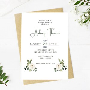 Beautiful white floral and greenery bridal shower invitation, Wedding, simple, minimalist, printable, editable, instant download template