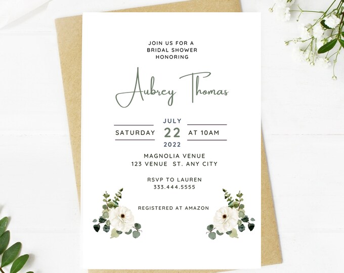 Beautiful white floral and greenery bridal shower invitation, Wedding, simple, minimalist, printable, editable, instant download template