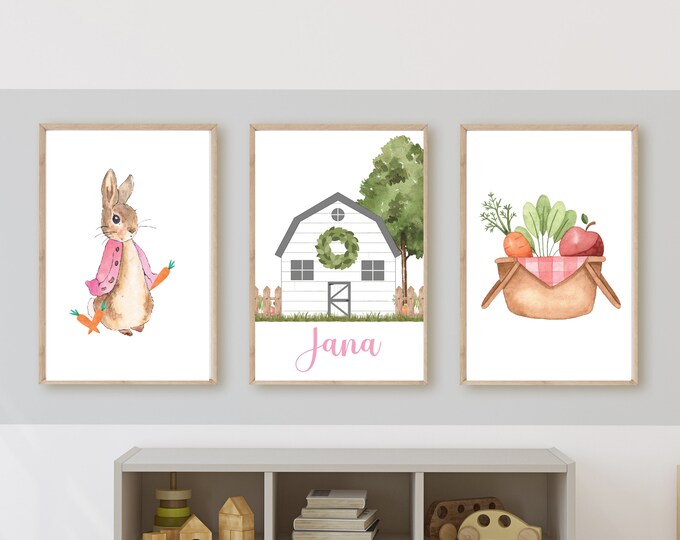 Peter rabbit inspired nursery wall decor, garden, rabbit, barn, room decor, wall art, 11x14, set of 3 digital downloads, printable