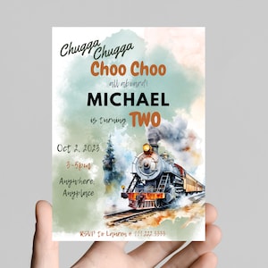 Chugga Chugga choo choo Train theme birthday invitation, birthday party, railroad, railway, all aboard, train tracks, birthday boy train