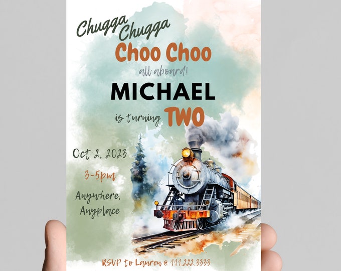 Chugga Chugga choo choo Train theme birthday invitation, birthday party, railroad, railway, all aboard, train tracks, birthday boy train