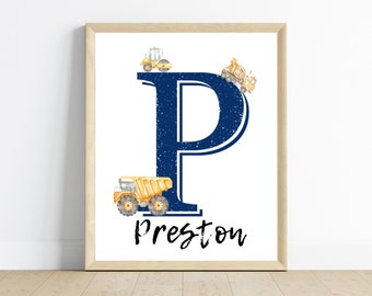 Construction Truck Nursery Print, Personalized Name Monogram (Digital Download)