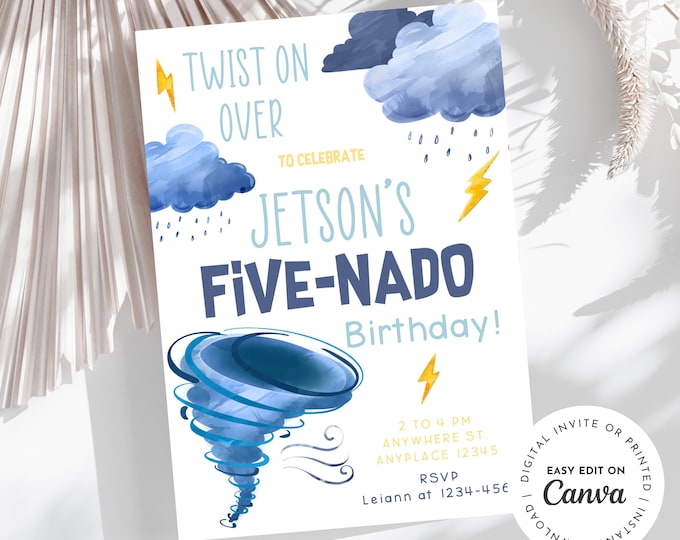 Tornado birthday Twist on over! Storm warning! Five-nado! Tornado themed 5th birthday party invitation, boy 3rd birthday, printable, digital