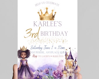 Princess theme birthday invitation, African American Princess, castle, carriage, gold glitter, purple, girl birthday party, customizable