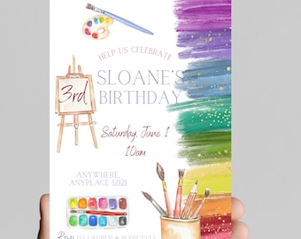 Art theme birthday invitation, rainbow paint and gold glitter, paintbrush, painting, coloring, little girl birthday party, age customizable