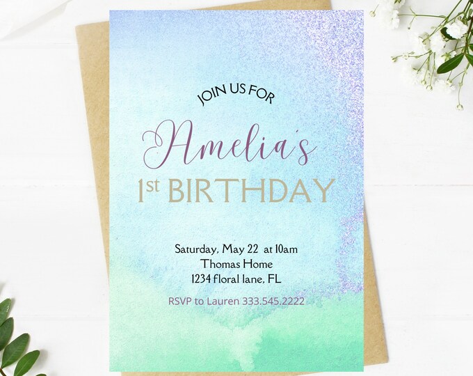 first birthday girl invitation, watercolor, minimalist, beautiful, first birthday party invitation, wildflower field