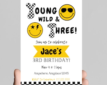 Young, wild, and THREE boy 3rd birthday party invitation, black and white, smiley face, sunglasses, edit and printable, digital