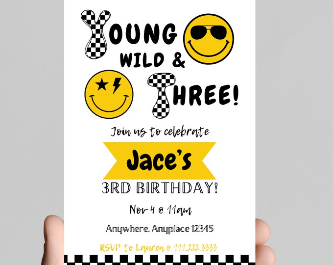 Young, wild, and THREE boy 3rd birthday party invitation, black and white, smiley face, sunglasses, edit and printable, digital