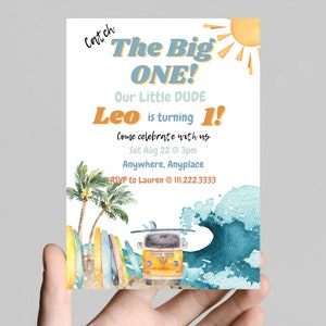 Catch the big ONE surfing our little dude’s first birthday invitation, surf theme, waves, beach, surfboards, ocean waves, customizable