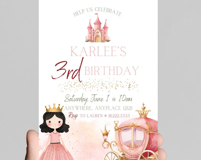 Princess theme birthday invitation, Princess castle, carriage, gold glitter, pink Princess, little girl birthday party, customizable