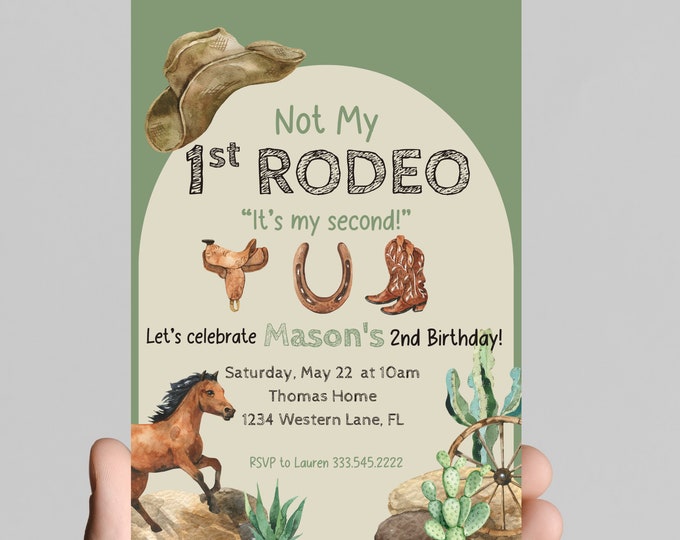 Not my first rodeo , it’s my second! 2nd birthday invitation, western, county, cactus, rustic, rodeo, horse,cowboy boots, first birthday boy