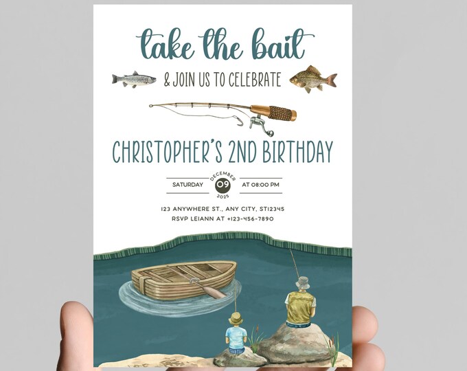 Fishing theme birthday invitation, fisherman,  fish, fishing, water, birthday boy, edit to any age