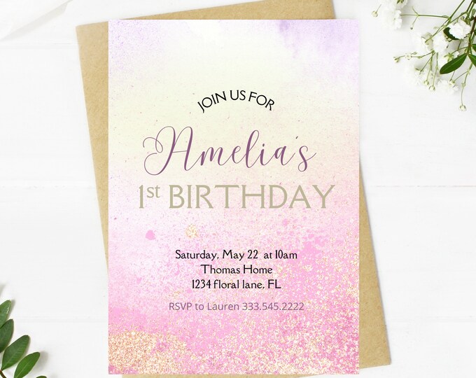 first birthday girl invitation, watercolor, minimalist, beautiful, first birthday party invitation, wildflower field